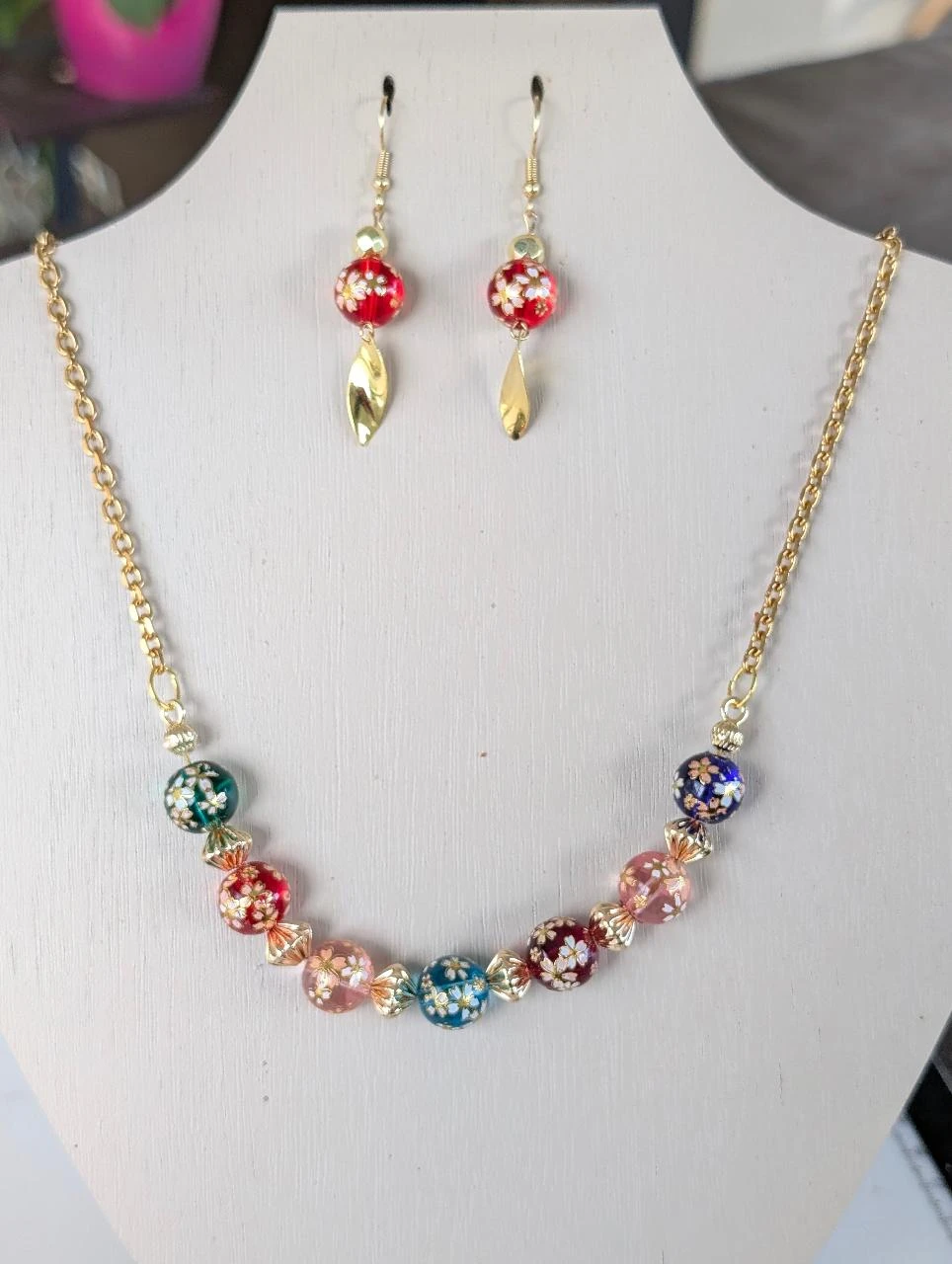 Parure collier & boucles sur chaine perles sakura japonaise multicolore PA1024